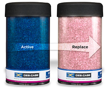 As moisture is absorbed the desiccant beads change from blue to pink